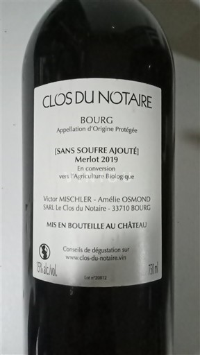 Bordeaux Côtes-de-bourg Clos du Notaire [Sans Soufre Ajouté] Merlot 2019